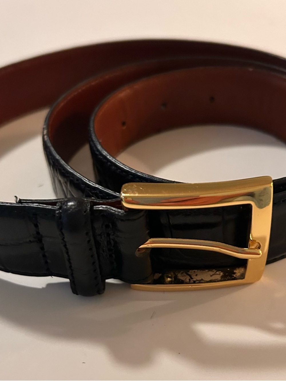 Jos A Banks Women’s  Black Leather Belt with Gold Tone Buckle
